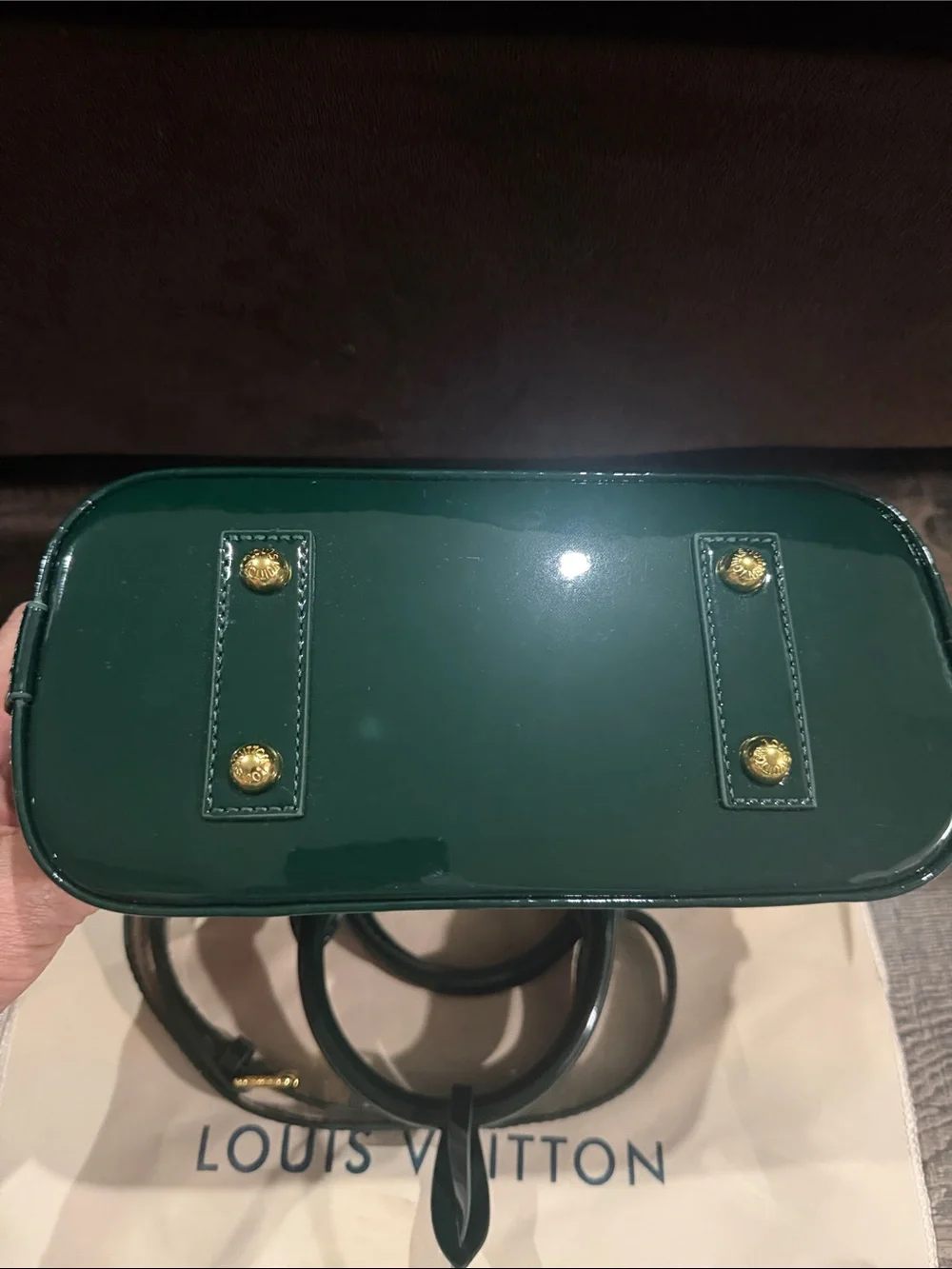 Louis Vuitton Like Vernis Alma BB Satchel in Dark Green with Gold Hardware